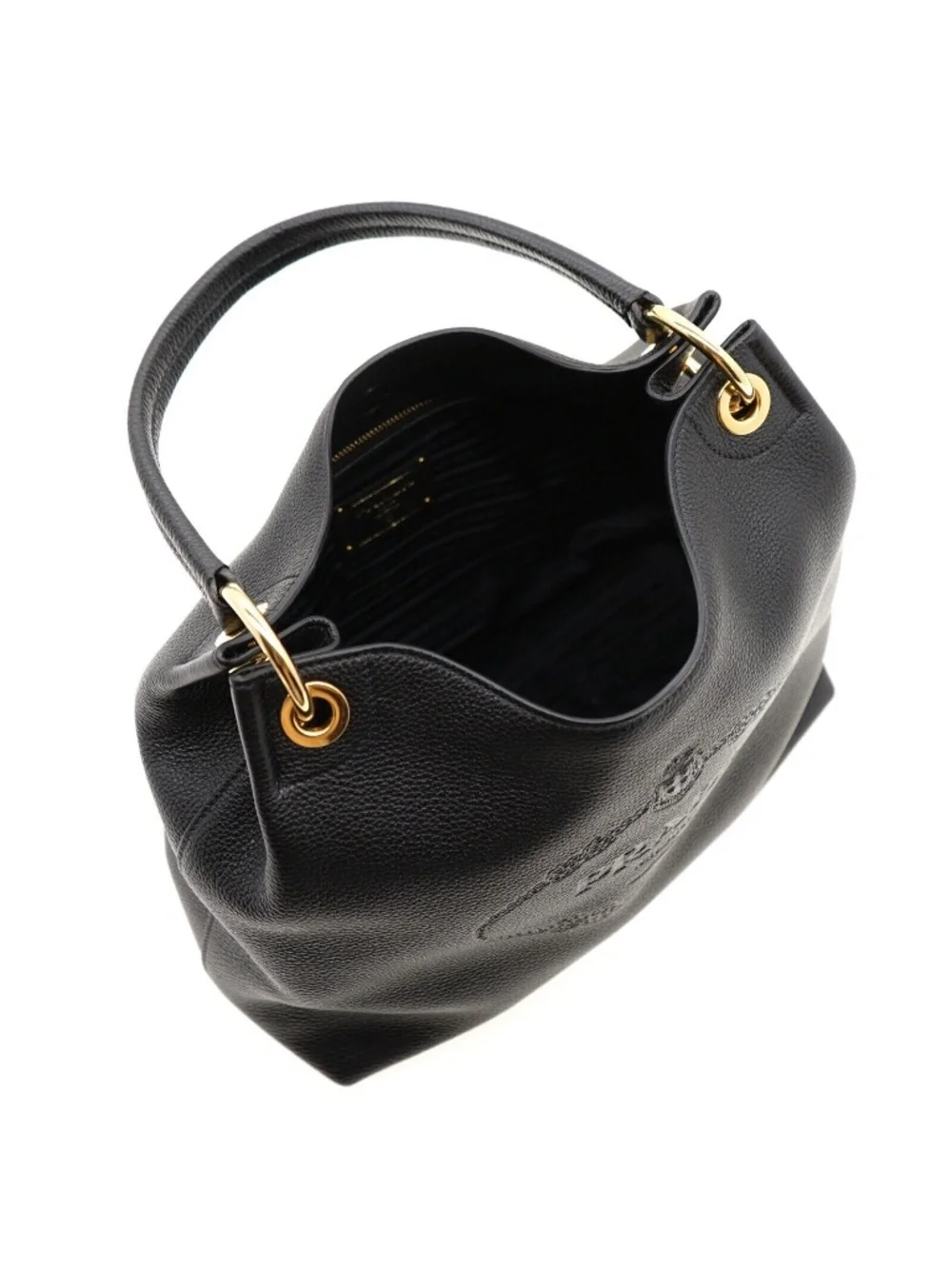 Prada Hobo Shoulder Bag Embossed Logo Black Leather 1BC051 New